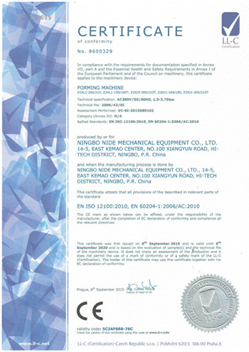China NINGBO NIDE MECHANICAL EQUIPMENT CO.,LTD Certificações